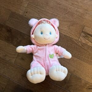 June Garden Doll Baby Doll Soft Body Lovey Pink Bear Suit Leaf Plush 12" EUC